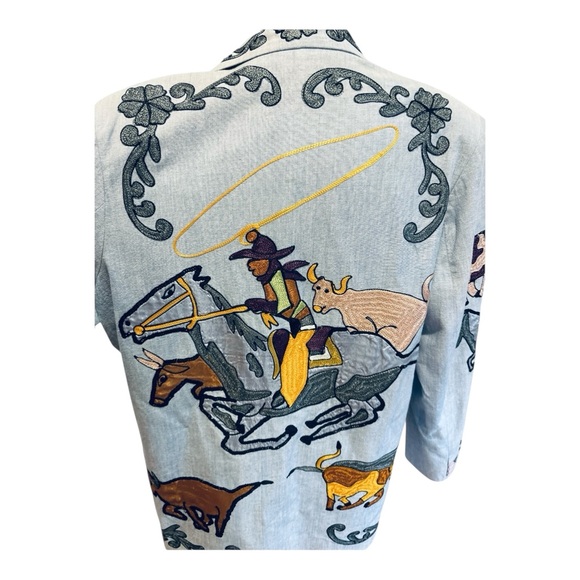 90s SANDY STARKMAN COTTON CHAMBRAY EMBROIDERED WESTERN COWGIRL THEME BLAZER SZ L - Picture 8 of 10